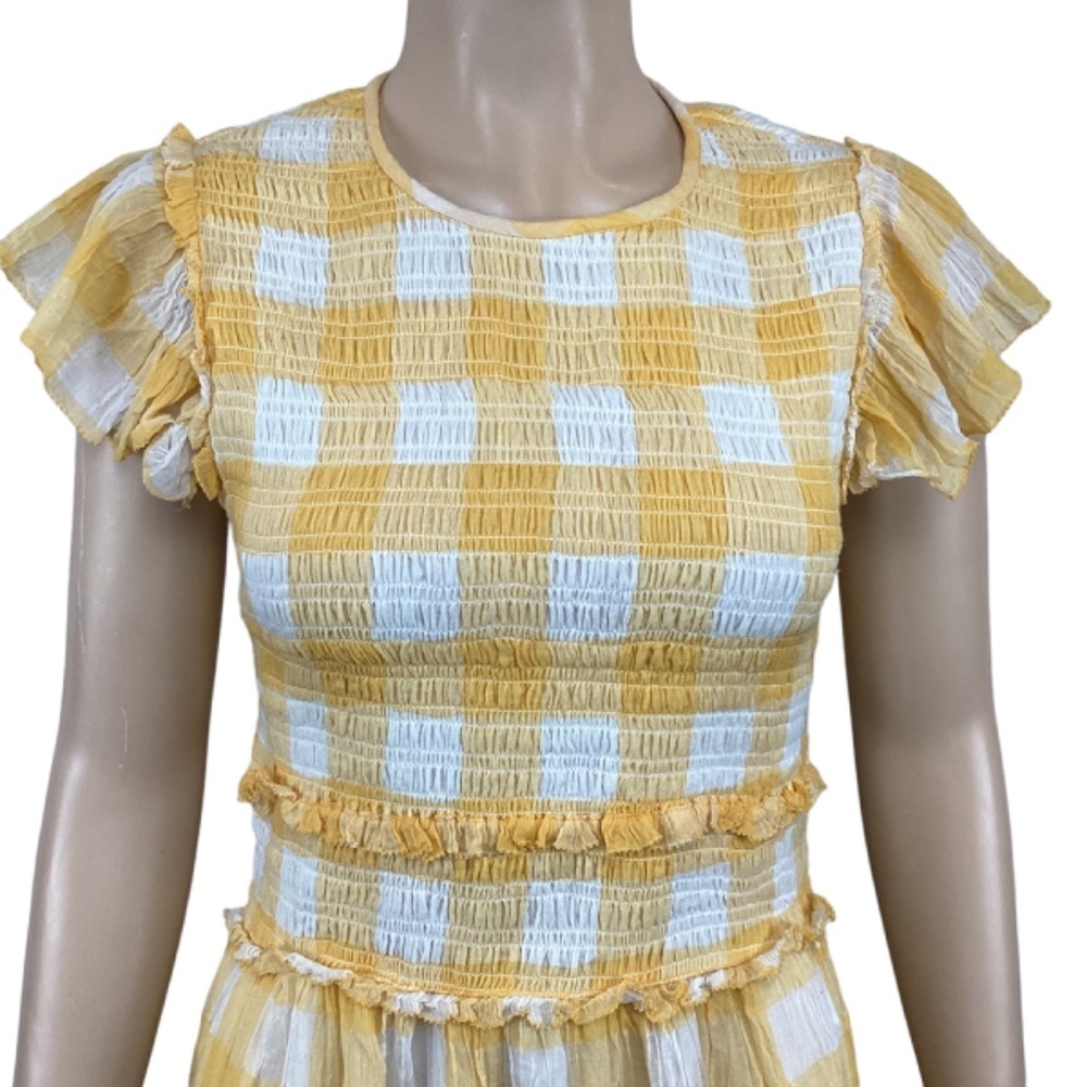 Saylor Saya Checkered Smocked Mini Dress size Medium Yellow & White Lined - Picture 7 of 11